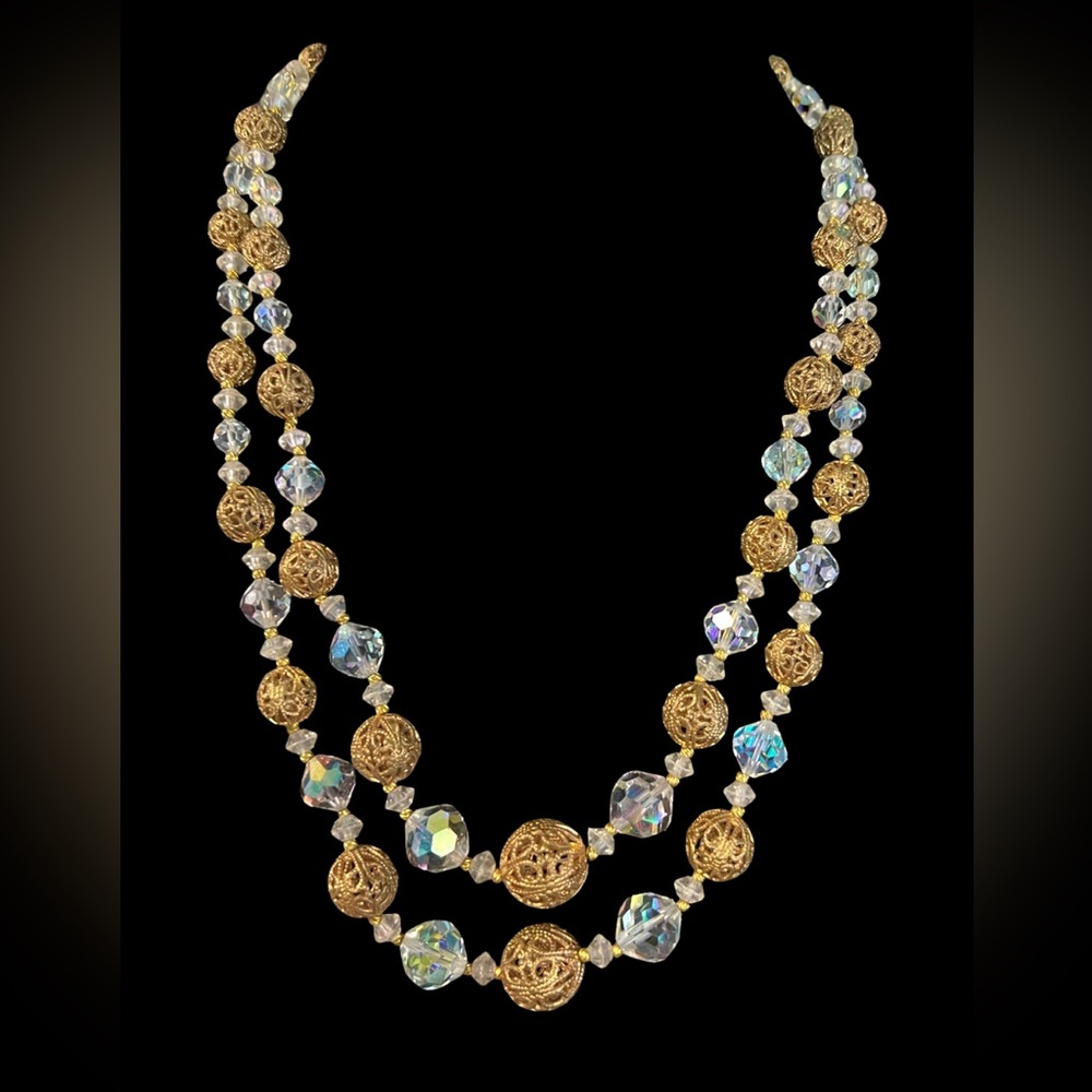 Vintage Austrian Crystal and Gold Tone Filigree Double Strand Necklace